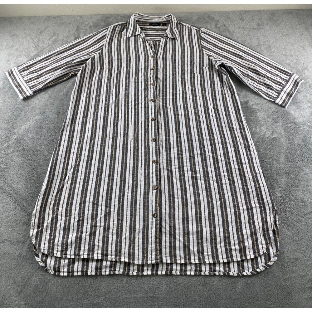 Mlle Gabrielle Womens 2X Striped Metallic Gold Lurex Button Front Shirt Dress